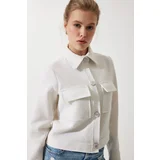  Women's Off-White Stylish Buttoned Woven Tweed Jacket with Pockets