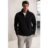 GRIMELANGE Hayes Men's Fleece Half Zipper Leather Accessory Thick Textured Comfort Fit Sweatshirt