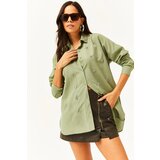 Olalook Women's Mustard Green Six Oval Woven Shirt with Stones on the Collar and Front | Shoptok.si