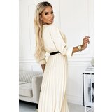 numoco basic 462-4 SERENA Pleated maxi dress with neckline, belt and 3/4 sleeves - ecru | Shoptok.si