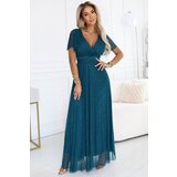 numoco basic 635-1 MELANIA long, shiny dress with a neckline and short sleeves - bottle green Cene