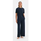 Dagi Navy Blue Pocketed Cupro Trousers