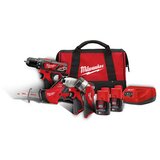  Milwaukee Aku set subkompaktni bušilica, udarni odvijač, klipna testera i LED lampa sa dve baterije i punjačem u torbi M12 BPP4A-202B | ePonuda.com