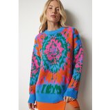  Women's Sky Blue Orange Patterned Knitwear Sweater Cijene