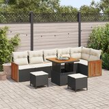 vidaXL 9-delni set vrtnarskih kavčev z blazinami črn poli ratan acacia | Shoptok.si