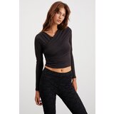 Grimelange Briana Women's Semi-Shiny Polyester Stretch Fabric Double Breasted Closed Neck Black Blous | ePonuda.com