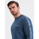 Ombre Men's cotton U-neck longsleeve with piping and chest print - dark blue | Shoptok.si