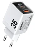 WP-U25 Super brzi Strujni GaN Punjač, 2-porta USB (3.0 i 3.1 Tip-C) 35W, sa displejom, beli
