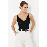 Trendyol Black Lace Detailed Textured Tulle Fitted Stretchy Knitted Undershirt