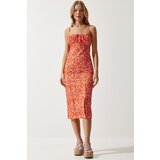  Women's Orange White Floral Slit Knitted Summer Dress Cene