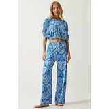 Happiness İstanbul Women's Blue White Patterned Blouse Palazzo Knitted Suit