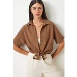 Nn Women's Brown Tie Detailed Linen Blouse