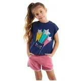 Mushi Starry Cat Girl Kids' Navy Blue T-Shirt with Pink Shorts Set.