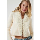 Happiness İstanbul Women's Cream Fur Collar Soft Textured Knitwear Cardigan Cene