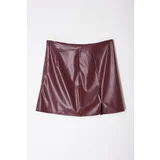 Trendyol Claret Red Faux Leather Slit Mini Skirt