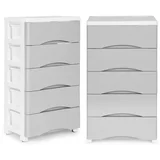 PJJCBS0024-05A – Plastična komoda s 5 predalov in kolesci, 39 × 27 × 75 cm, bela-siva