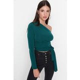 Trendyol Emerald Green One Sleeve Tie Detail Fitted Knitted Blouse Cene