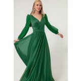 Lafaba Women's Emerald Green Double Breasted Neck Silvery Long Flared Evening Dress | Shoptok.si