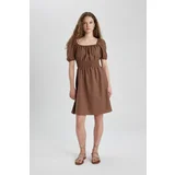 Defacto Square Neck Linen Short Sleeve Mini Dress