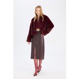 Defacto High Waist Combed Cotton Lined Slit Midi Faux Leather Burgundy Pencil Skirt | Shoptok.si