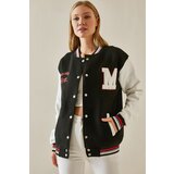 XHAN Black Snap Buttons College Jacket Cene