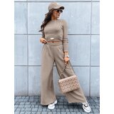 DStreet Zestaw damski spodnie wide led i crop top z długim rękawem ASTRAL ALLURE ciemnobeżowy | Shoptok.si
