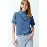 Trendyol Indigo Embroidered High Collar Basic Pattern Cotton Knitted Blouse