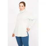 Şans Women's Gray Plus Size Turtleneck Soft Fabric Self Striped Tunic