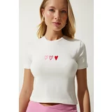 Happiness İstanbul Women's Ecru Heart Embroidered Crop Knitted T-Shirt