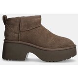 Ugg Gležnječe od brušene kože Classic Ultra Mini New Heights za žene, boja: smeđa, s debelom potpeticom, s toplom podstavom, 1158311-HCK | shoptok.hr