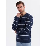 Ombre Men's horizontal striped polo longsleeve with viscose - navy blue and white Cene
