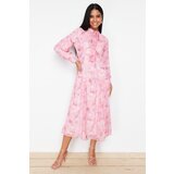 Trendyol pink lined floral patterned belted woven dress Cene