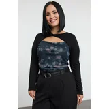 Trendyol Curve Gray Knitted Gather Detailed Patterned Tulle Blouse