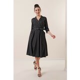 By Saygı Double-breasted Crepe Satin Dress with a Belted Waist, Lined Pocket and Spotted Black. Cene
