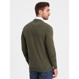 Ombre Men's sweater with v-neck with shirt collar - dark olive | shoptok.hr