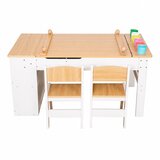  Детска Дървена Маса 3 в 1 GINGER HOME с 2 Столчета, Дъска за Рисуване, Органайзер и Ролка за Хартия, 109x60x55 см | shoptok.hr