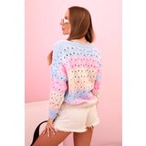 Kesi Włoski Women's striped V-neck openwork sweater blue + beige | Shoptok.si