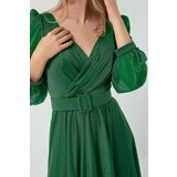 Lafaba Women's Emerald Green Double Breasted Neck Silvery Long Flared Evening Dress | Shoptok.si