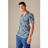 Defacto Modern Fit Polo Neck Patterned Linen Look Short Sleeve Shirt