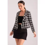 armonika Women's Black and White Double Breasted Collar Tweed Crop Jacket