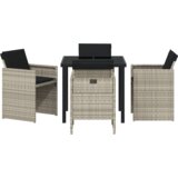 vidaXL 5-delna vrtna jedilna garnitura s blazinami Svetlo siva Poli Ratan, Vrtna miza Črna 80x80x73 cm Kaljeno steklo | Shoptok.si