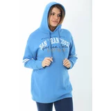 Şans Women's Plus Size Blue Inner Raising Three Thread Hooded Sweatshirt