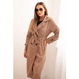Kesi Włoski Women's suede coat tied at the waist with a collar and buttons fango Cene