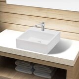 Keramičen kopalniški umivalnik z odprtino za pipo bel kvadraten, (21409283) | Shoptok.si