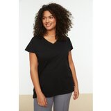 Trendyol Black V-Neck Slit Basic Knitted T-Shirt Cene