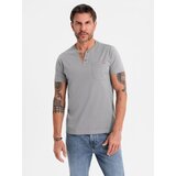 Ombre Men's t-shirt with button neckline and suede trim - grey | Shoptok.si