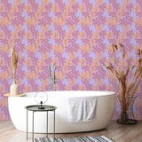  Tapeta - Exotic - Two-Tone Flowers - Flowers in purple and orange on a blue background. 50x1000 | shoptok.hr
