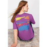 Trendyol Purple 100% Cotton Printed Relaxed/Comfortable Pattern Knitted T-Shirt Cene