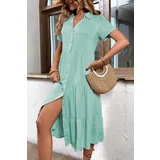 Madmext Mint Green Shirt Collar Long Dress