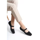 Capone Outfitters Women's Black Velvet Ballerinas with Buckle Detail